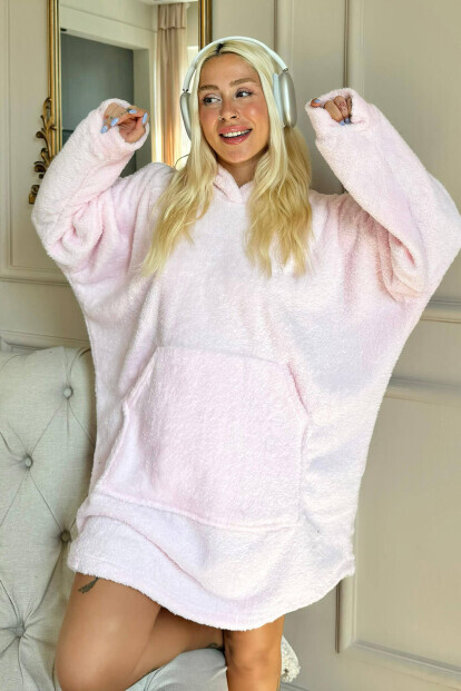 Toz Pembe Kapşonlu Tam Peluş Oversize Sweat Panço Pijama - 6