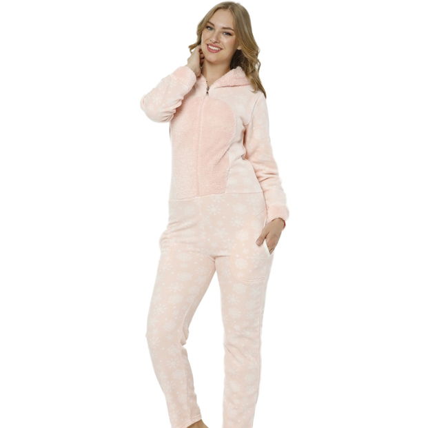 Toz Pembe Kartanesi Desenli Kadın Polar Peluş Tulum Pijama Takımı - 1