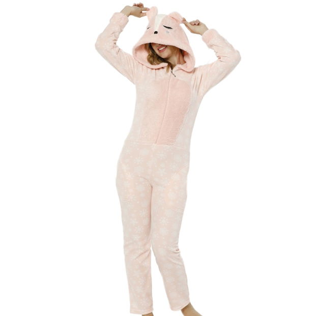 Toz Pembe Kartanesi Desenli Kadın Polar Peluş Tulum Pijama Takımı - 2