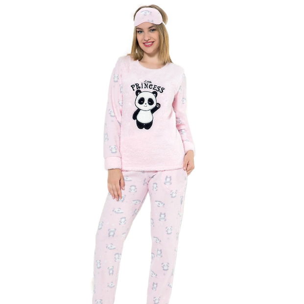 Toz Pembe Little Panda Desenli Kadın Peluş Pijama Takımı - 1