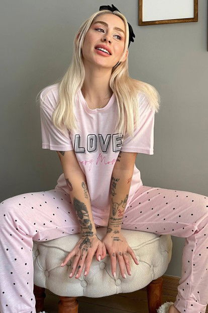 Toz Pembe Love Puan Baskılı Örme Kısa Kollu Kadın Pijama Takımı - 1