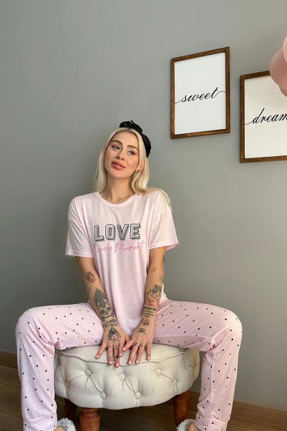Toz Pembe Love Puan Baskılı Örme Kısa Kollu Kadın Pijama Takımı - 3