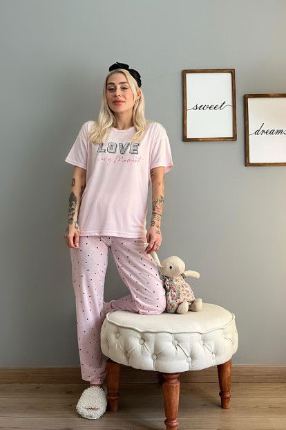 Toz Pembe Love Puan Baskılı Örme Kısa Kollu Kadın Pijama Takımı - 5