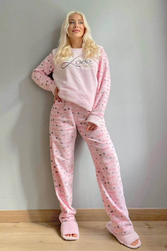 Toz Pembe Love Winter Desenli Kadın Peluş Pijama Takımı - Pijamaevi (3)