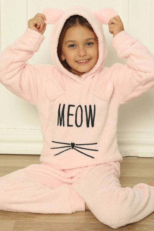 Toz Pembe Meow Desenli Tam Peluş Kız Çocuk Pijama Takımı - Pijamaevi