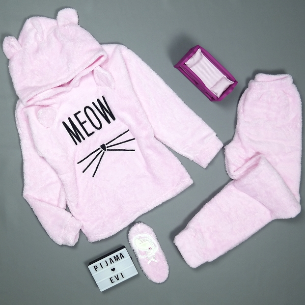 Toz Pembe Meow Desenli Tam Peluş Pijama Takımı - 1
