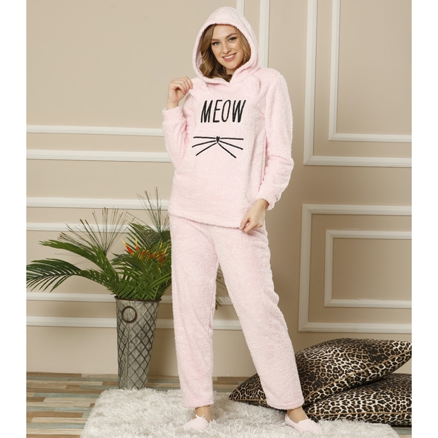 Toz Pembe Meow Desenli Tam Peluş Pijama Takımı - 2