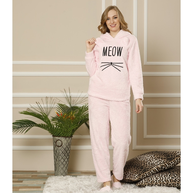 Toz Pembe Meow Desenli Tam Peluş Pijama Takımı - 3