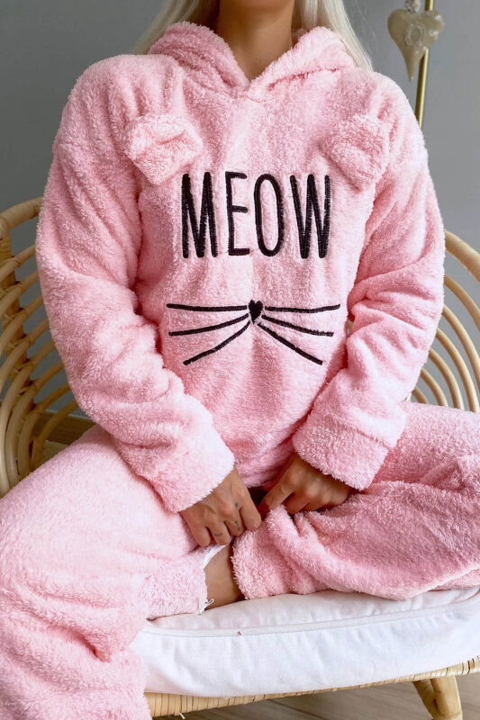 Toz Pembe Meow Desenli Tam Peluş Pijama Takımı - Pijamaevi (3)