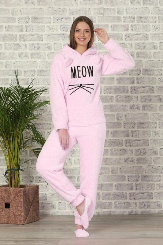 Toz Pembe Meow Desenli Tam Peluş Pijama Takımı - Pijamaevi
