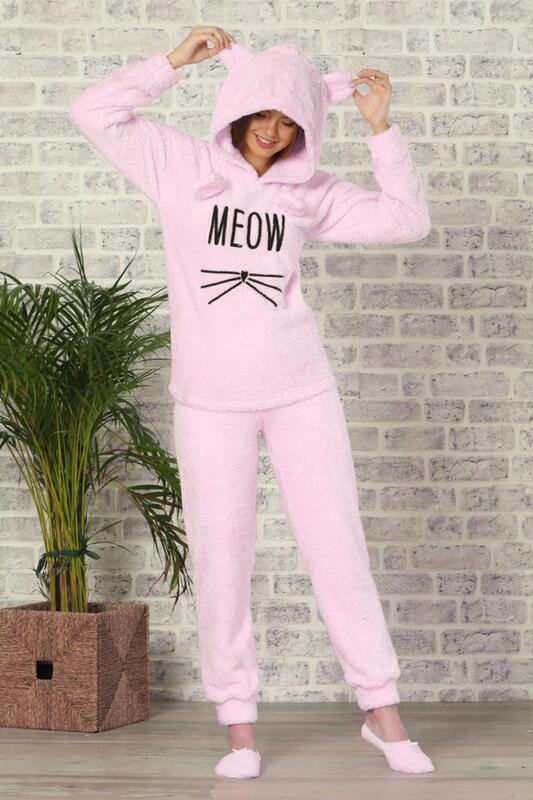 Toz Pembe Meow Desenli Tam Peluş Pijama Takımı - Pijamaevi (1)