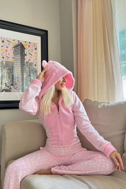 Toz Pembe Mini Kalp Desenli Kadın Polar Peluş Tulum Pijama Takımı - 3