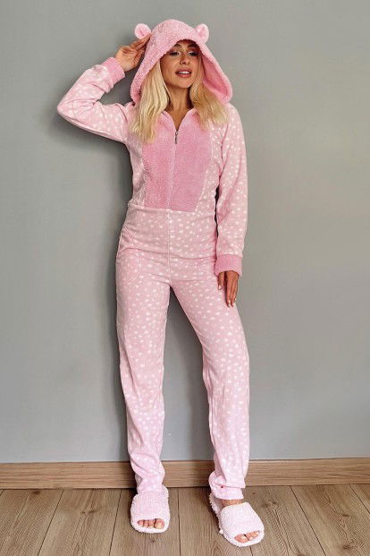 Toz Pembe Mini Kalp Desenli Kadın Polar Peluş Tulum Pijama Takımı - 5