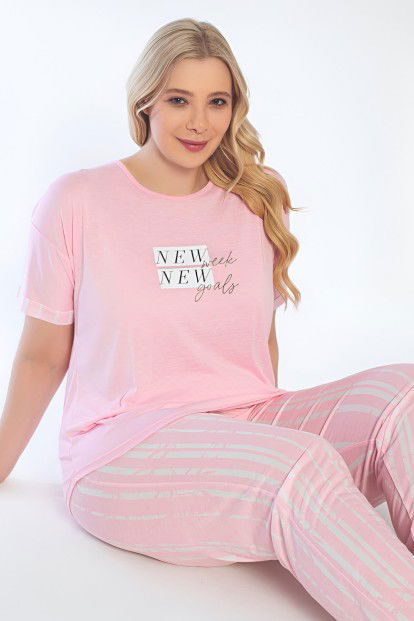 Toz Pembe New Baskılı Büyük Beden Battal Pijama Takımı - 1