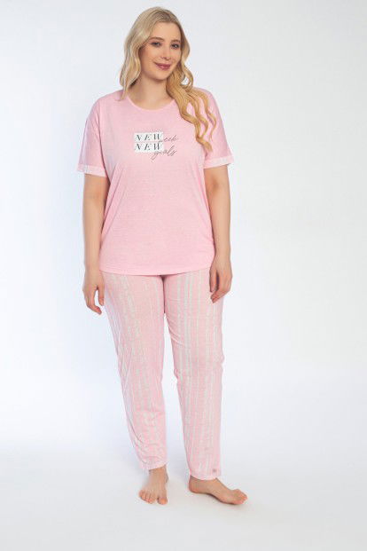 Toz Pembe New Baskılı Büyük Beden Battal Pijama Takımı - 2