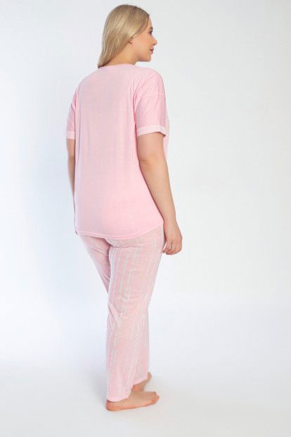 Toz Pembe New Baskılı Büyük Beden Battal Pijama Takımı - 3