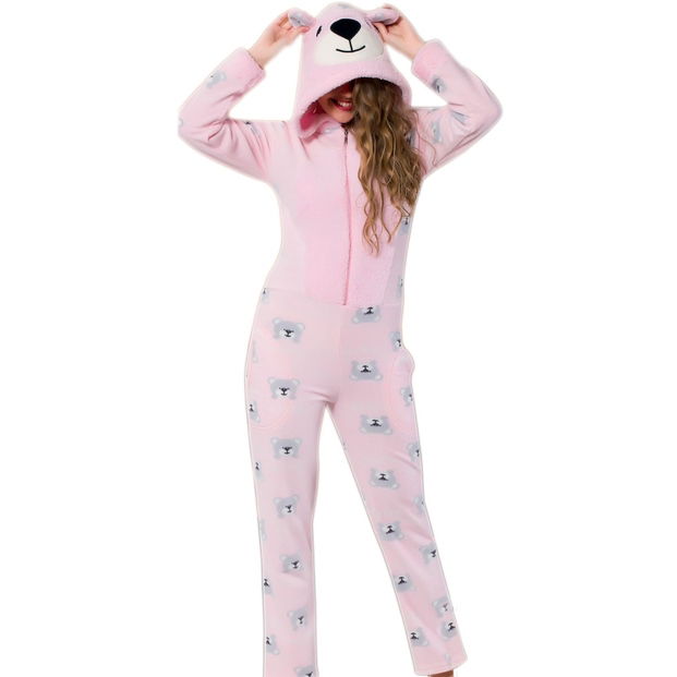 Toz Pembe Panda Desenli Bayan Polar Tulum Pijama - 1