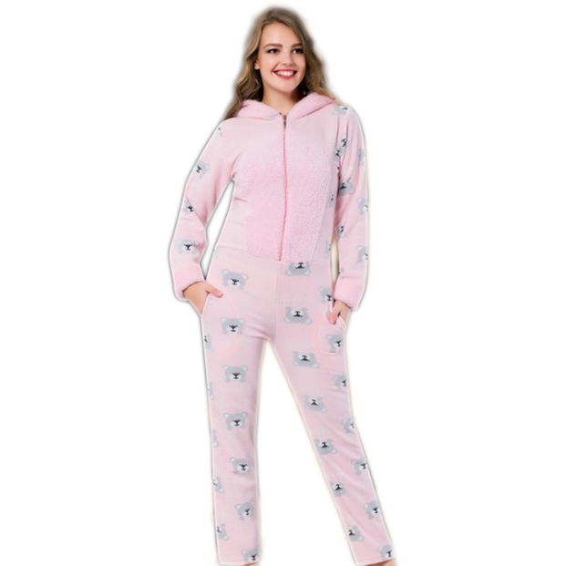 Toz Pembe Panda Desenli Bayan Polar Tulum Pijama - 2