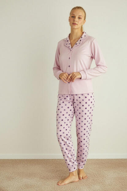 Toz Pembe Puan Desenli Termal Önden Düğmeli Uzun Kollu Kadın Pijama Takımı - 4