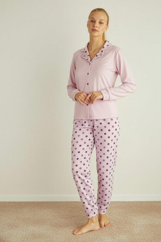 Toz Pembe Puan Desenli Termal Önden Düğmeli Uzun Kollu Kadın Pijama Takımı - Pijamaevi (3)