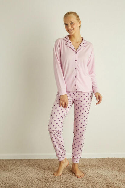 Toz Pembe Puan Desenli Termal Önden Düğmeli Uzun Kollu Kadın Pijama Takımı - 5