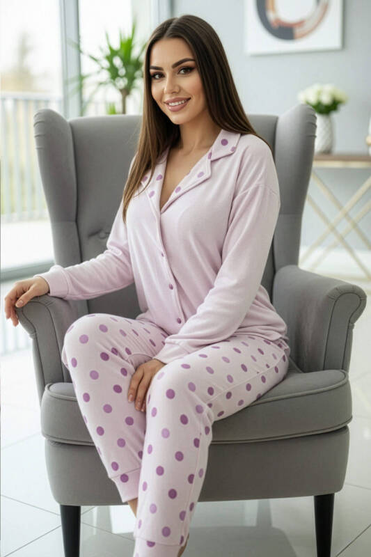 Toz Pembe Puan Desenli Termal Önden Düğmeli Uzun Kollu Kadın Pijama Takımı - Pijamaevi (2)