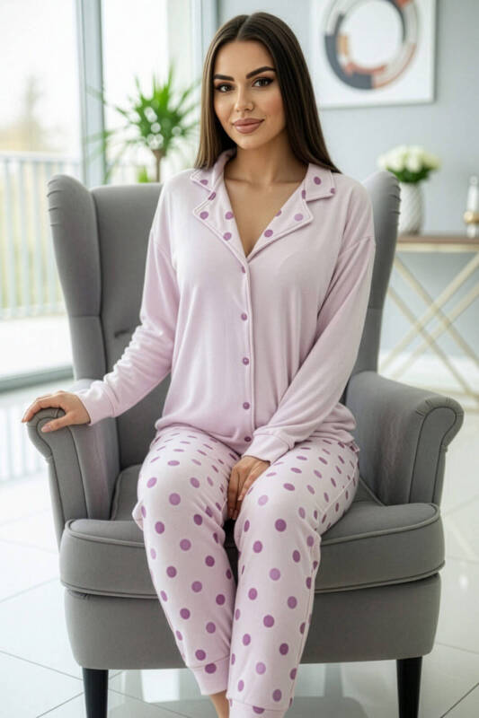 Toz Pembe Puan Desenli Termal Önden Düğmeli Uzun Kollu Kadın Pijama Takımı - Pijamaevi (3)