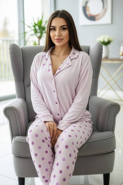 Toz Pembe Puan Desenli Termal Önden Düğmeli Uzun Kollu Kadın Pijama Takımı - 5