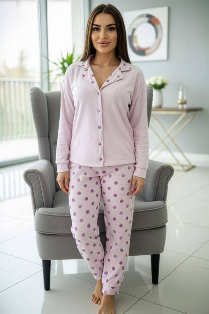Toz Pembe Puan Desenli Termal Önden Düğmeli Uzun Kollu Kadın Pijama Takımı - 6