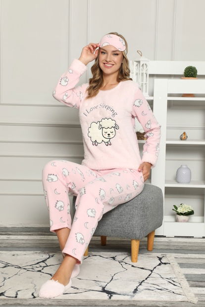 Toz Pembe Sheep Desenli Kadın Peluş Pijama Takımı - 1