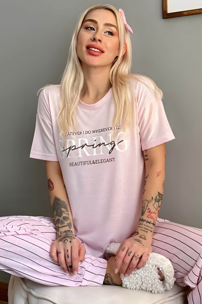 Toz Pembe Spring Baskılı Örme Kısa Kollu Kadın Pijama Takımı - 1