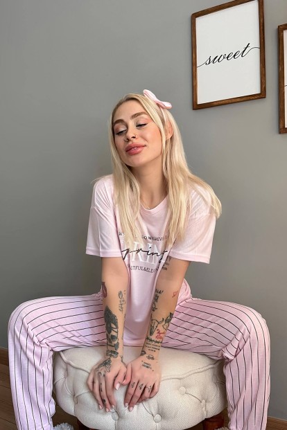 Toz Pembe Spring Baskılı Örme Kısa Kollu Kadın Pijama Takımı - 2