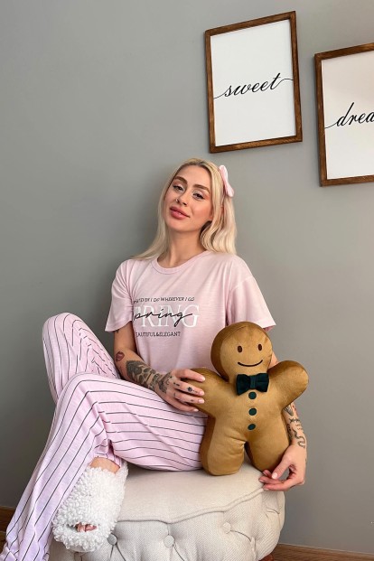 Toz Pembe Spring Baskılı Örme Kısa Kollu Kadın Pijama Takımı - 3