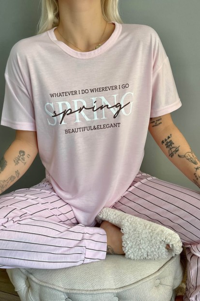Toz Pembe Spring Baskılı Örme Kısa Kollu Kadın Pijama Takımı - 4