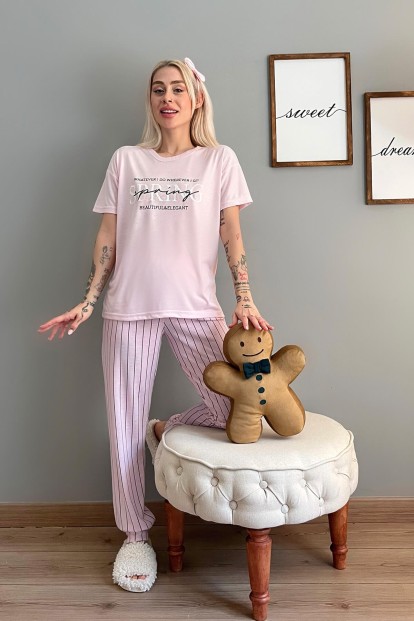 Toz Pembe Spring Baskılı Örme Kısa Kollu Kadın Pijama Takımı - 5