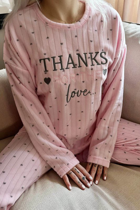 Toz Pembe Thanks Desenli Peluş Polar Pijama Takımı - Pijamaevi (3)