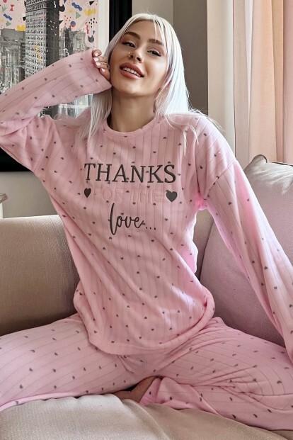 Toz Pembe Thanks Desenli Peluş Polar Pijama Takımı - 6