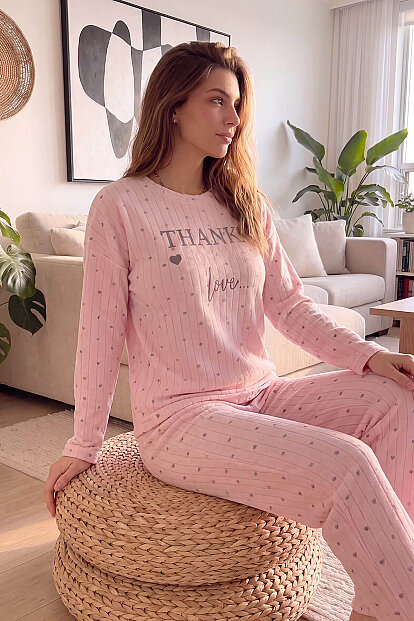 Toz Pembe Thanks Desenli Peluş Polar Pijama Takımı - 2