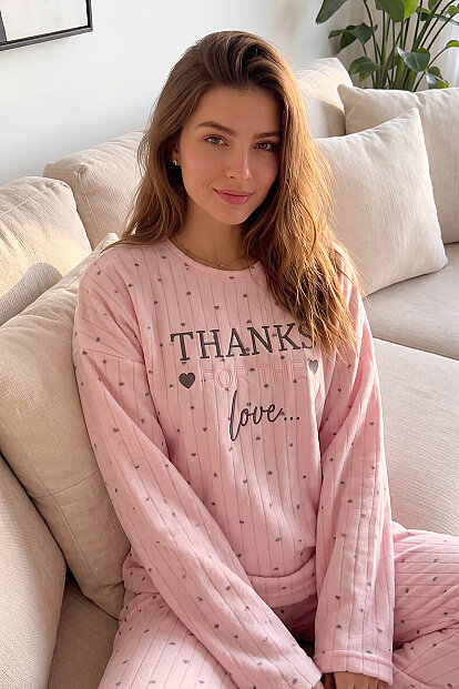 Toz Pembe Thanks Desenli Peluş Polar Pijama Takımı - 5