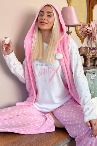 Toz Pembe Time Happy Desenli Peluş Yelekli Kadın Pijama Takımı - 1
