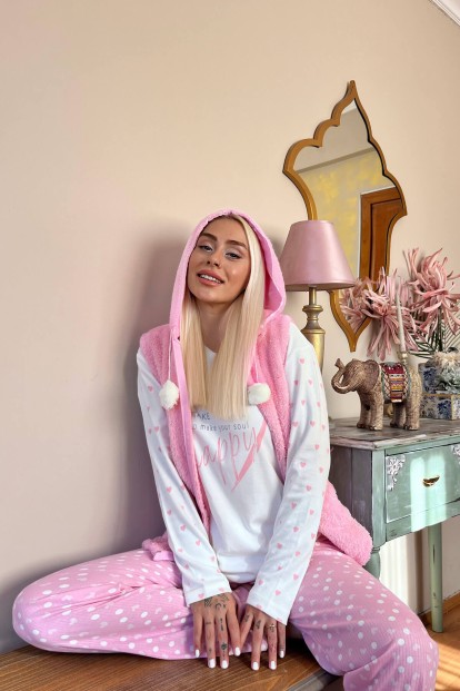 Toz Pembe Time Happy Desenli Peluş Yelekli Kadın Pijama Takımı - 2