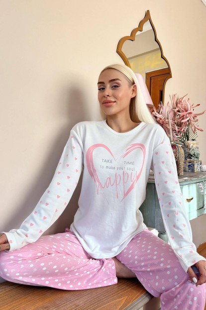 Toz Pembe Time Happy Desenli Peluş Yelekli Kadın Pijama Takımı - 3