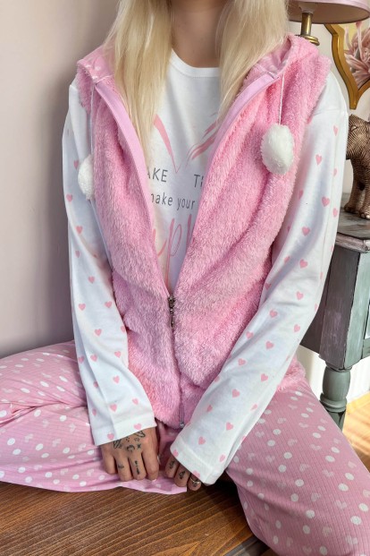 Toz Pembe Time Happy Desenli Peluş Yelekli Kadın Pijama Takımı - 4
