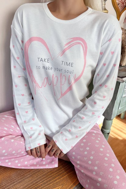 Toz Pembe Time Happy Desenli Peluş Yelekli Kadın Pijama Takımı - 5