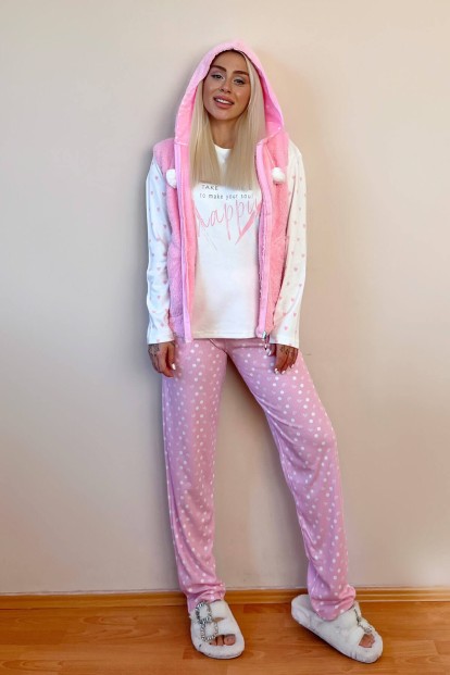 Toz Pembe Time Happy Desenli Peluş Yelekli Kadın Pijama Takımı - 6