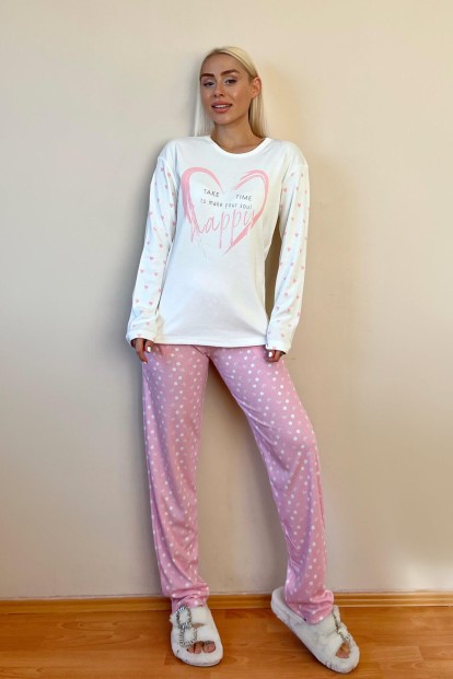 Toz Pembe Time Happy Desenli Peluş Yelekli Kadın Pijama Takımı - 7