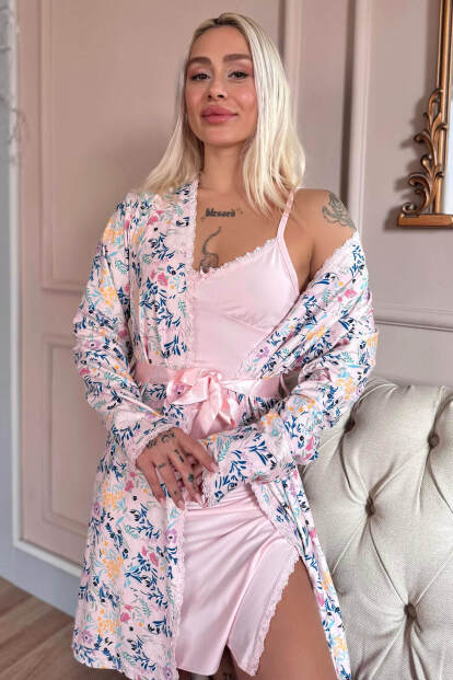 Toz Pembe Whisper Exclusive Örme Sabahlıklı Gecelik Kadın Pijama Takımı - 1