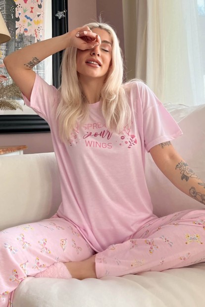 Toz Pembe Wings Baskılı Örme Kısa Kol Kadın Pijama Takımı - 1