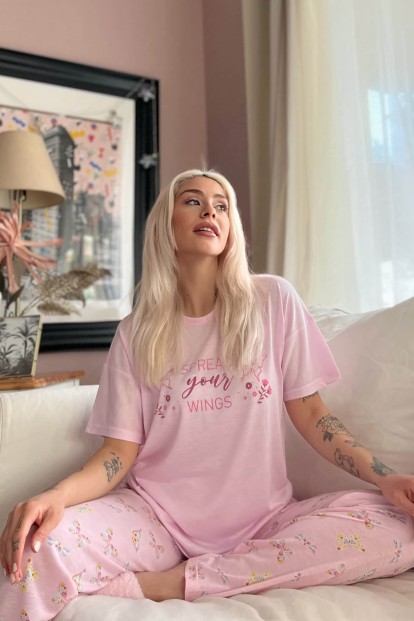 Toz Pembe Wings Baskılı Örme Kısa Kol Kadın Pijama Takımı - 2