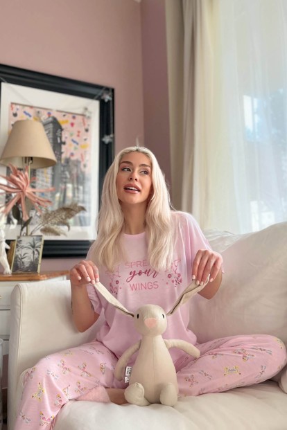 Toz Pembe Wings Baskılı Örme Kısa Kol Kadın Pijama Takımı - 3